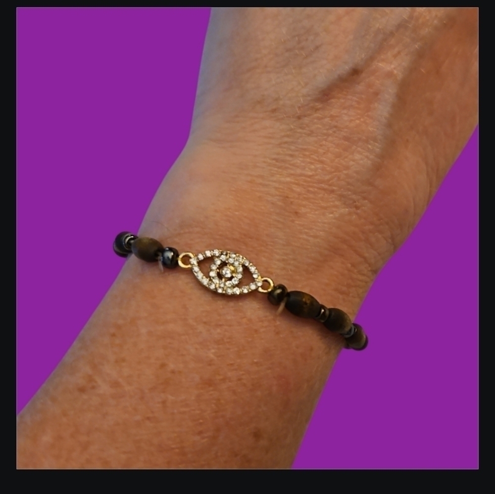 5/$25 Dainty Goddess Evil Eye Wood Beaded Tennis Bracelet